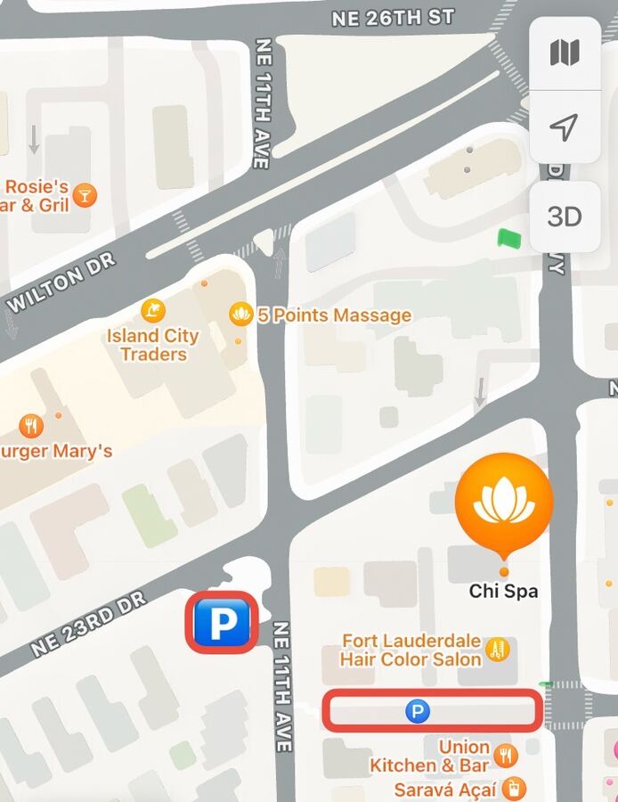 Map showing Chi Spa and two nearby public pay lots marked P.